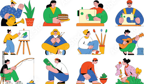 Foto Diverse People Enjoying Hobbies and Creative Activities Set with Flat Vector Ill