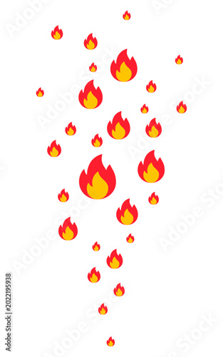 Floating fire reaction icons illustration, rising flame symbols flying upward, hot social media engagement elements, isolated red and yellow burning signs collection