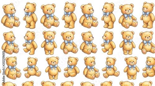 Pattern of yellow teddy bears with blue bows on white background