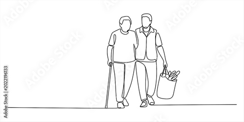 Continuous line drawing of an adult son helping his elderly mother walk home carrying a bag of groceries Vector, illustration