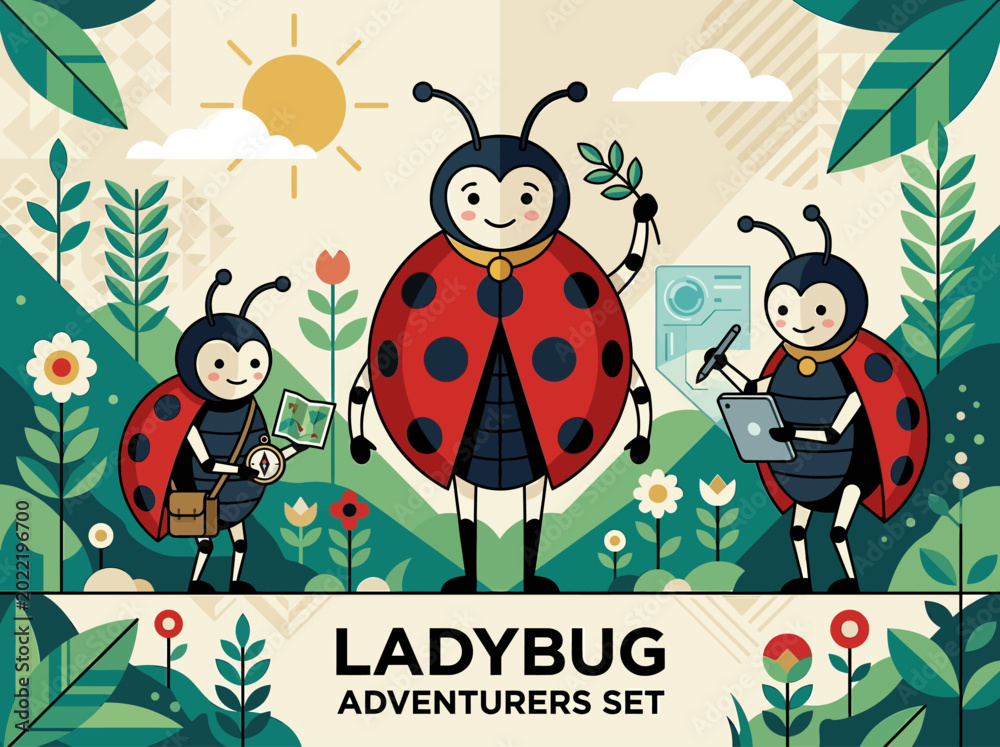 Fototapeta premium Cute Ladybug Adventurers Flat Illustration with Map, Compass, and Tablet for Nature Exploration and Educational Design