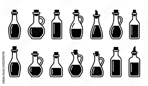 Tableau sur toile Modern Vinegar and Oil Bottle Icon Vector Set in Black and White Design
