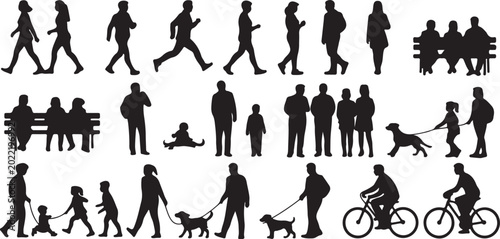 Architectural people silhouette vector park activity. walking, jogging, sitting on bench, standing talking, child playing, person with dog, cycling. side, front, and top views. Vector