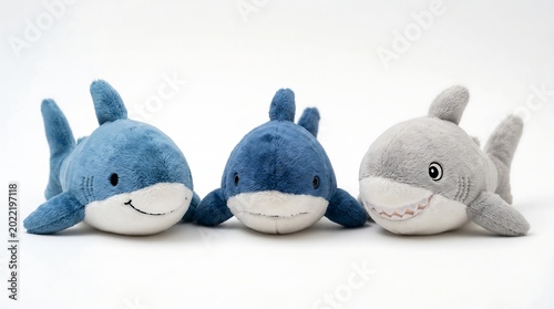 Three plush sharks, blue and gray, smiling and facing forward