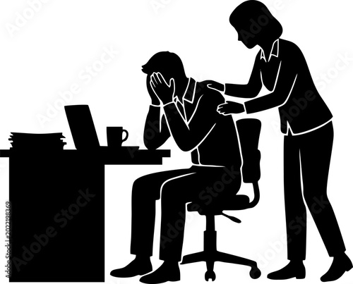 Business Stress and Support Concept with Colleague Helping in Office Silhouette. transparent background