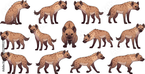 Quadro su tela Set of african spotted hyena vector illustrations in various walking and stalkin