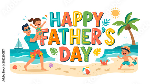 Fotografie Father's Day Beach Bliss: A heartwarming illustration of a family celebrating Father's Day at the beach, filled with joy, love, and sunshine
