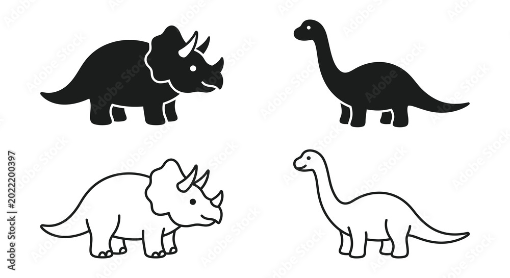 Εκτύπωση καμβά dinosaur icons set triceratops and brachiosaurus silhouettes