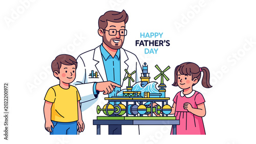 Bilde på lerret Father's Day Dedication: A Father's Day illustration depicts a father figure guiding his children toward embracing sustainability, as they collectively build a model of renewable energy solutions