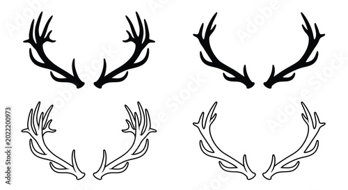 deer antlers set black line art on white background