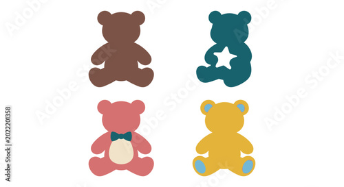 flat teddy bear silhouettes in various colors isolated on white