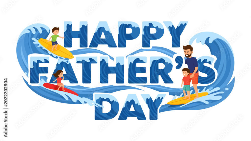 Αυτοκόλλητο Happy Father's Day: A vibrant illustration celebrates Father's Day, featuring a surfing family riding the waves with joyful energy
