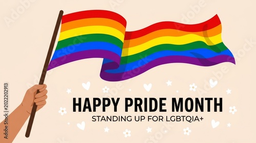 Hand Holding Rainbow Flag Pride Month Flat Vector Illustration