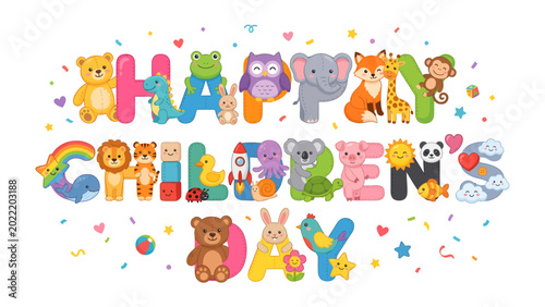 Photography Colorful Celebration of Children's Day: A vibrant and joyful illustration spells out Happy Children's Day with playful letters designed as delightful cartoon animals and cheerful symbols