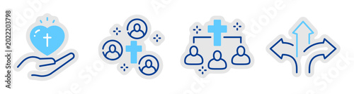 Religious community icons showing care and connections in groups. Editable stroke