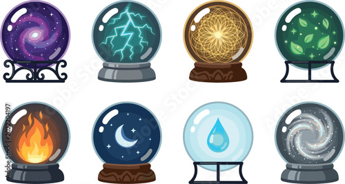 Foto Magic crystal ball vector illustration set featuring mystical glass globes with