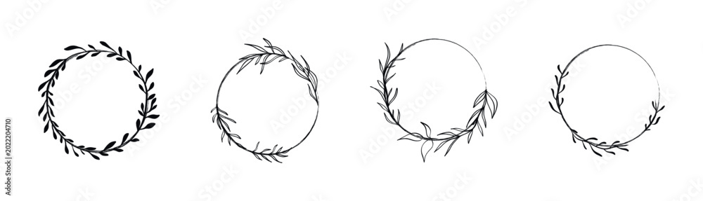 Obraz premium Hand-drawn botanical circular frames with delicate leaves and branches