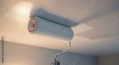 A close-up of a worker applying white paint to a ceiling with a roller. Concept for room renovation, ceiling painting, and DIY interior renovation.