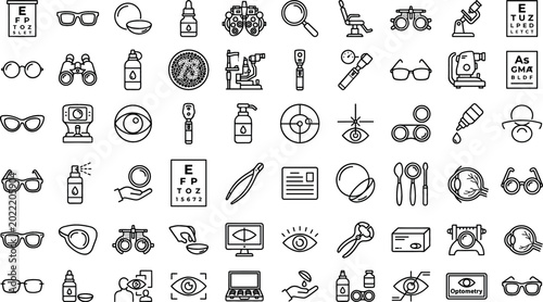 Foto Optometry and ophthalmology line icon set featuring eyeglasses contact lenses eye test charts and vision care equipment vector illustrations isolated on white background