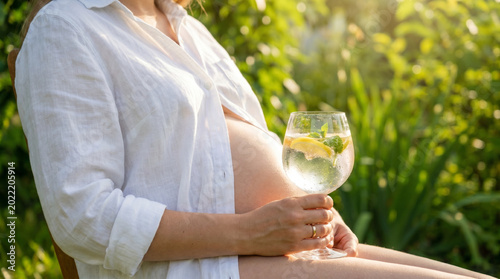 Pregnant woman relaxing outdoors with a lemonade in summer sun  