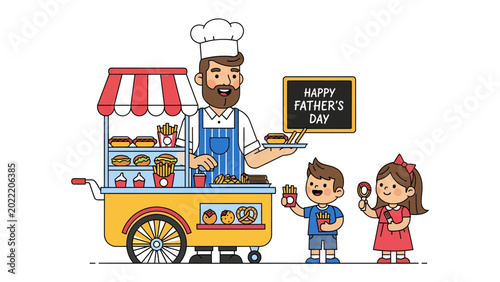 Konstfotografi Father's Day Feast: A jovial baker serves treats to delighted children from his mobile food cart, embodying the spirit of Father's Day