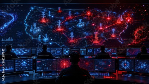 A control room with operators monitoring a digital map of the United States showing interconnected power grids with red and blue data points and network lines.