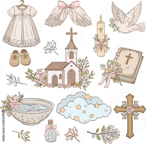 Religious doodle collection for baptism and christening design. Hand-drawn set with chapel, holy book, candle, dove, floral cross, baby outfit, angel wings and ceremonial elements. Soft elegant 