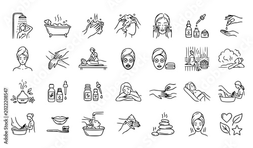 Cuadro en lienzo Hygiene and spa wellness hand-drawn line icon set with bathing and massage vecto
