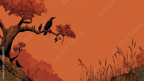 A beautiful sunset in the forest with the silhouette of a tree and flying birds against a vibrant orange nature landscape vector illustration
