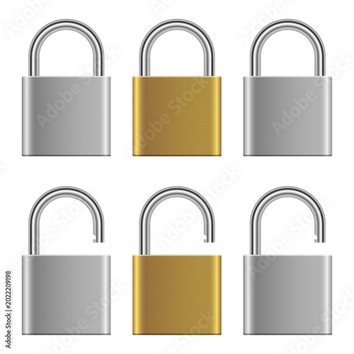 Six metallic padlocks in silver and gold, some open and others closed.