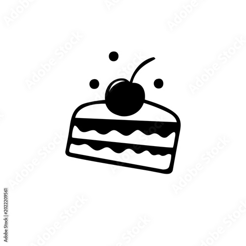 Adorable minimalist black cake logo with cherry on top and sprinkles. Cute, clean, and playful line art design of a delicious cake slice. Perfect for bakery, patisserie, cafe, dessert shop, food blog