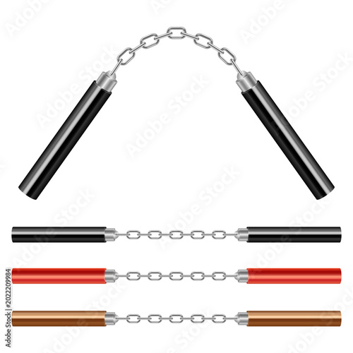 Konstfotografi A collection of nunchucks in various colors, including black, red and brown