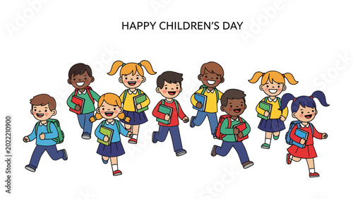 Joyful Children's Day Celebration: A vibrant illustration of diverse children running with joy, celebrating the special occasion of children's day, carrying books and backpacks.