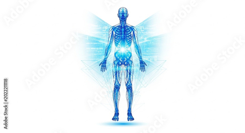 Foto Human Skeleton with Glowing Blue Wings and Energy Aura.