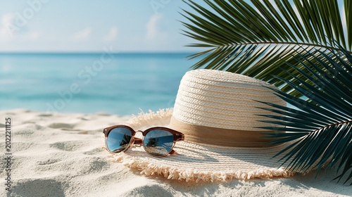 Straw sun hat and brown sunglasses resting on white sandy beach with palm leaf and calm blue ocean in background showing relaxing summer tropical vacation