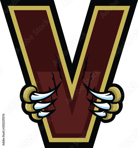 Alphabet Letter V Wolverine Claw Mascot Logo T-shirt Design Vector Illustration
