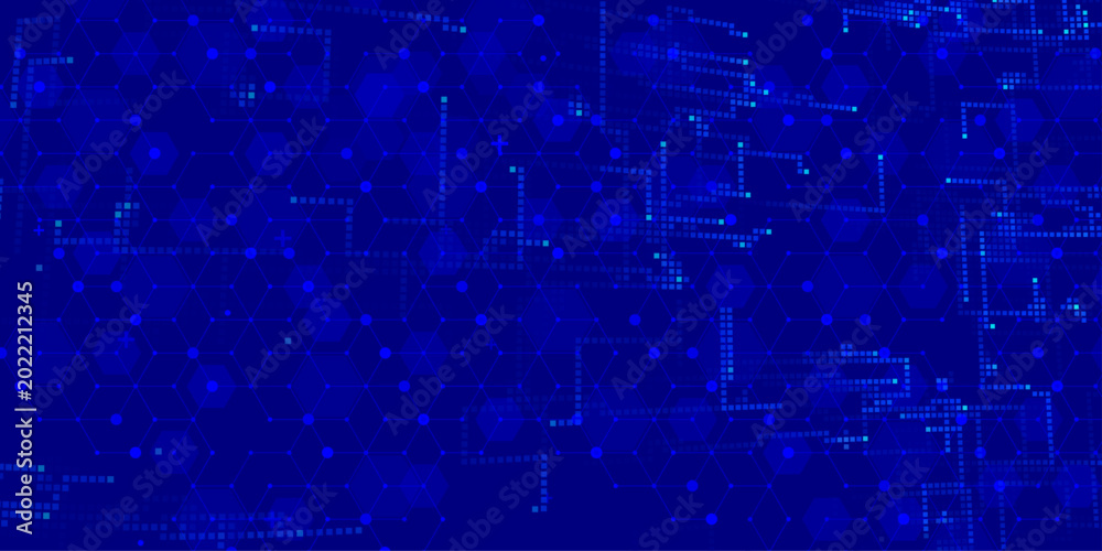 Obraz premium Blue hexagon medical and technology network background, molecular structure pattern with digital data for healthcare, chemistry and science design