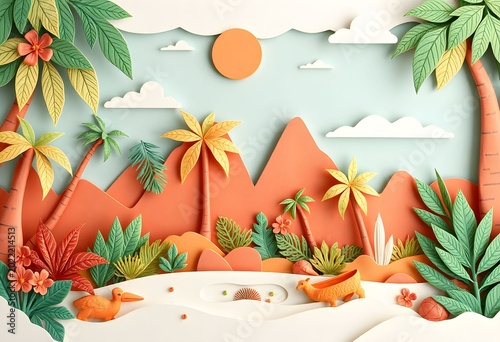 Tropical editorial paper cut scenes series  frame with flowers