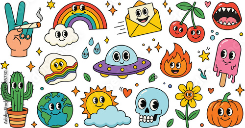 Foto Vintage 70s psychedelic groovy sticker collection featuring retro rubber hose characters like happy UFO, skull mascot, rainbow cloud, and classic hand holding joint element