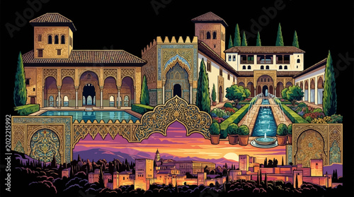 Alhambra palace Granada Spain illustration Moorish architecture