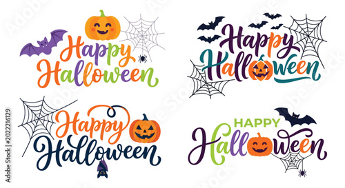 Quadro su tela Happy halloween lettering with pumpkins bats and spiderwebs vector illustration
