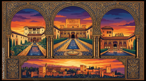 Konstfotografi Alhambra Palace Granada Spain Architecture Arches Fountain