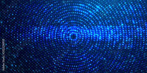 Glowing blue circular bokeh sound wave, abstract digital dots pattern with concentric rings on futuristic technology background