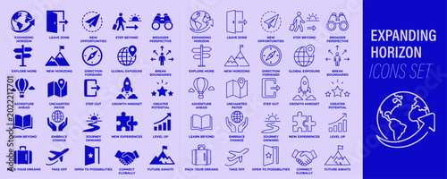 Принти на полотні Expanding horizon icon set with business growth, leadership, travel goals, globa