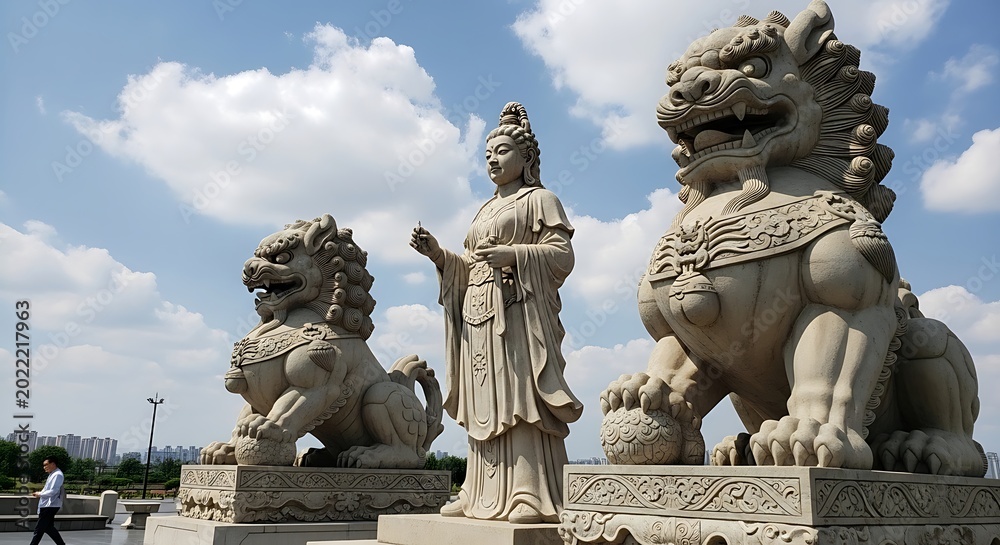 Obraz premium Stone lion statues flank a figure under a partly cloudy sky outdoor architecture