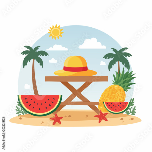 Summer Beach Scene with Tropical Fruits and Hat