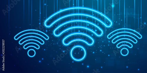 Neon WiFi icons on blue digital background, glowing wireless internet connection technology with particles and copy space