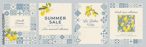 Photos Amalfi Coast social media template collection with Mediterranean lemons and ceramic mosaic tiles in elegant coastal Italian style