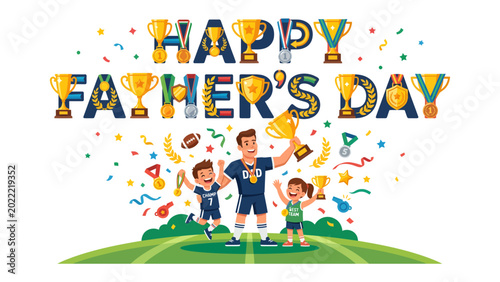 Cuadro en lienzo Father's Day Triumph: A heartwarming scene where a father is celebrated by his children, surrounded by trophies and the message of Happy Father's Day