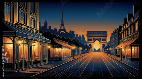 Tableau sur toile Paris cityscape at dusk with Champs Elysees and Arc de Triomphe